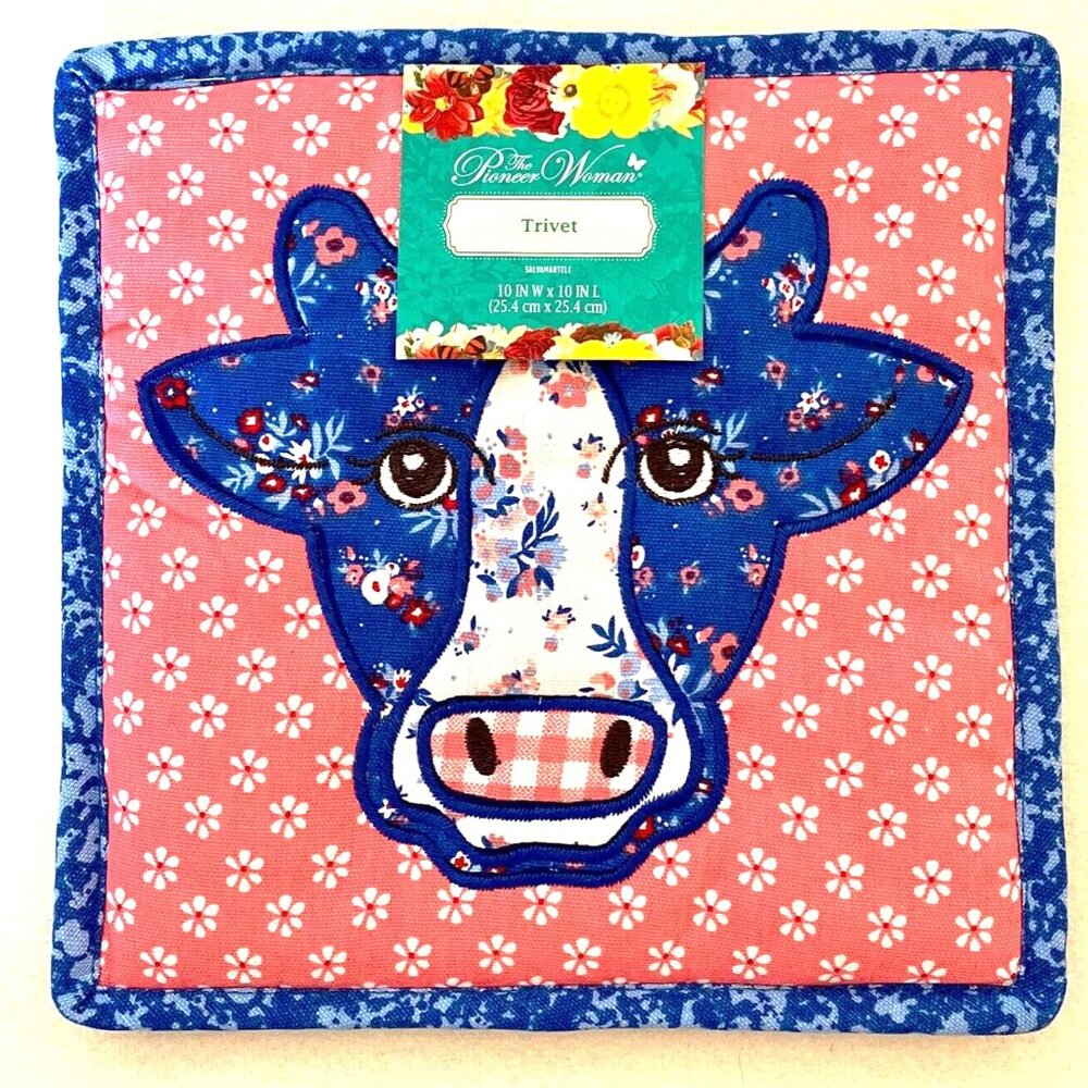 Pioneer Woman Trivet Cow Quilted Patchwork Square 10"x10" Floral Blue Pink New